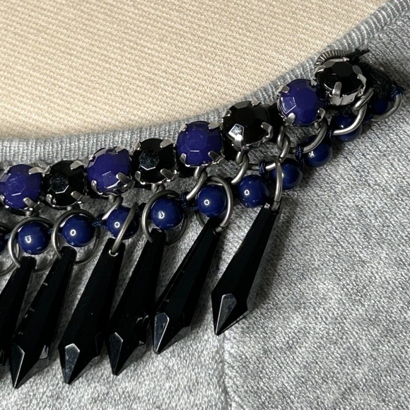 Milly Grey Knit Top Short Sleeve Embellished Black Blue Beads Size Large - Picture 7 of 11